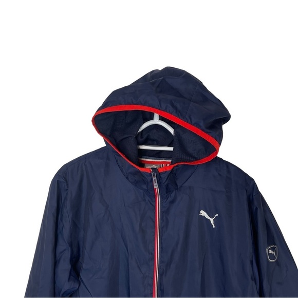 Puma Women’s Hooded Rain Jacket Full Zip Blue Red Zipper Raincoat Size Small - Picture 3 of 16